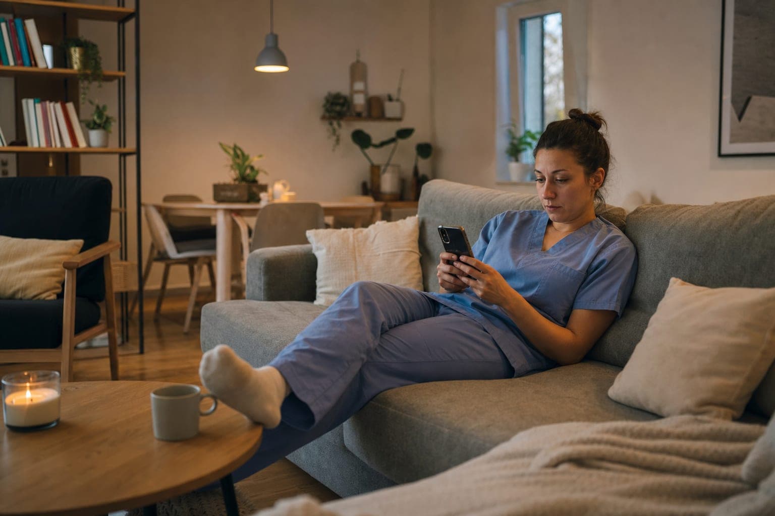 Fachkraft zuhause auf dem Sofa mit dem Telefon in der Hand