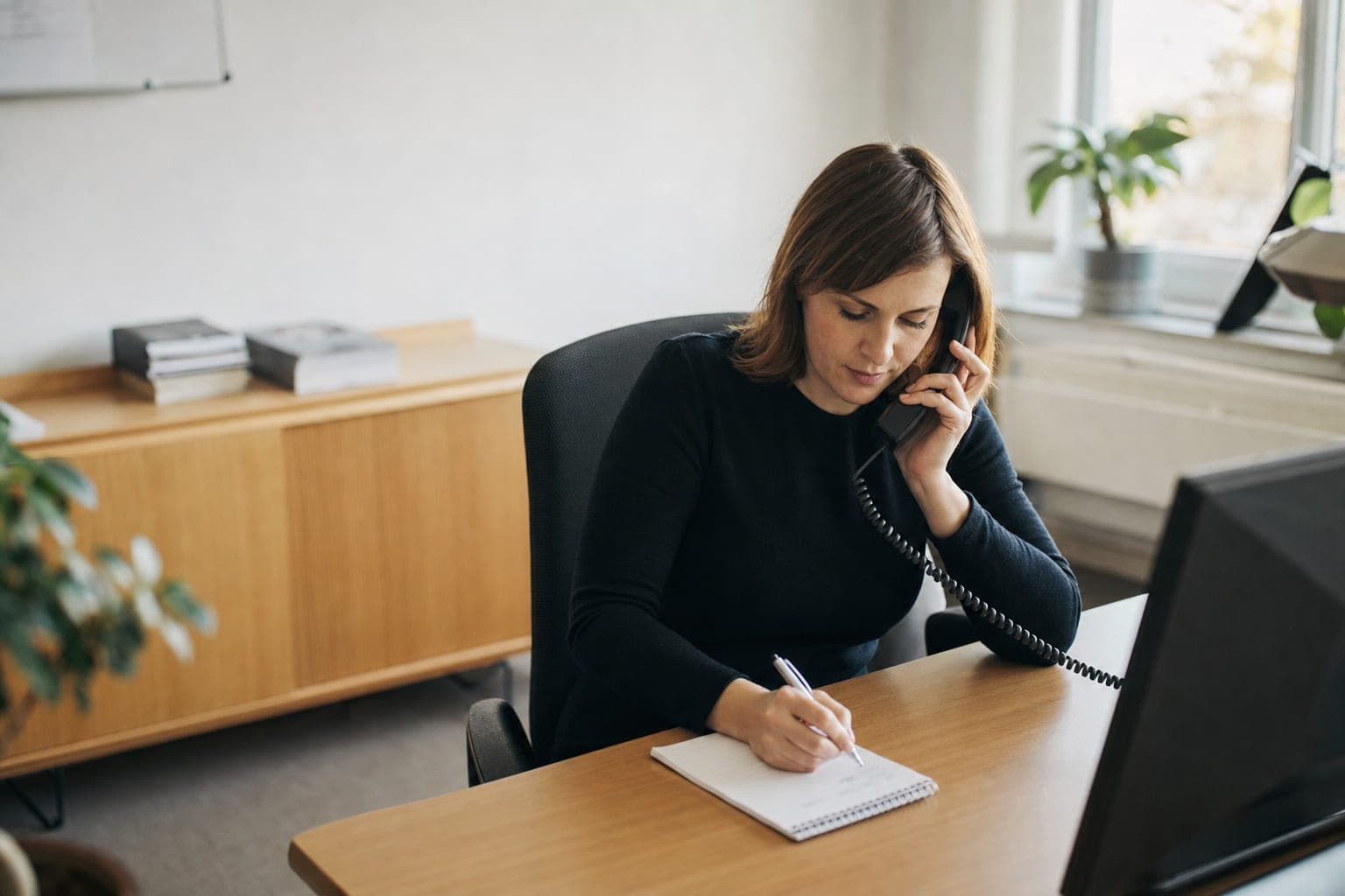 Recruiterin im Telefonat mit Notizblock am Schreibtisch