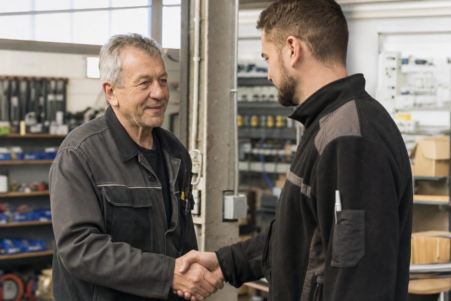 Handschlag zwischen zwei Handwerkern in der Werkstatt